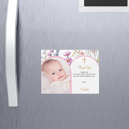 ピンクの花模様写真バプテスマありがとうマグネットカード