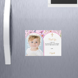 ピンクの花模様写真バプテスマありがとうマグネットカード