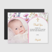 ピンクの花模様写真バプテスマありがとうマグネットカード (正面/裏面)