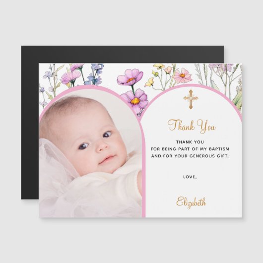 ピンクの花模様写真バプテスマありがとうマグネットカード (正面/裏面)