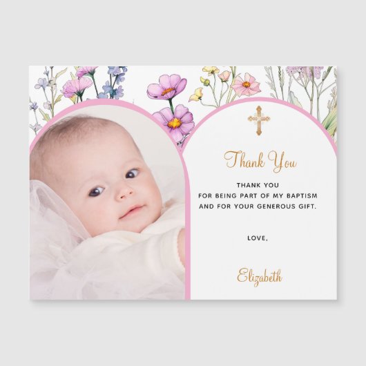 ピンクの花模様写真バプテスマありがとうマグネットカード (正面)