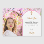ピンクの花模様写真First Communionサンキューカード (正面)