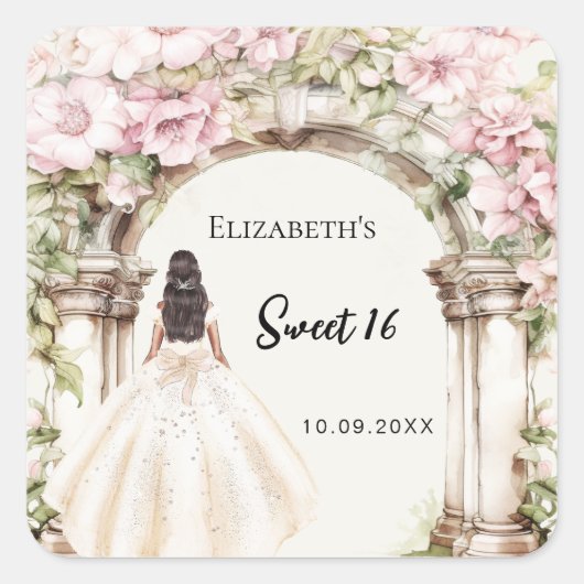 ピンクの花模様大理石のアーチドレス甘い16 スクエアシール (正面)