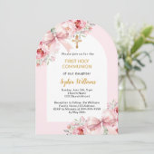 ピンクの花模様弓アーチ女の子ファースト・コミュニオン 招待状 (スタンド正面)