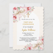 ピンクの花模様弓アーチ女の子ベージュファースト聖餐式 招待状 (正面)