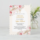 ピンクの花模様弓アーチ女の子ベージュファースト聖餐式 招待状 (スタンド正面)