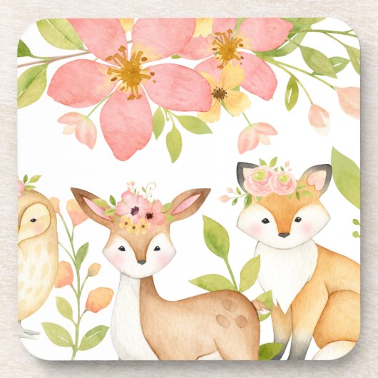 ピンクの花模様林を持つ森林動物 コースター (正面)