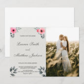 ピンクの花模様結婚式招待状と写真 招待状 (正面/裏面)