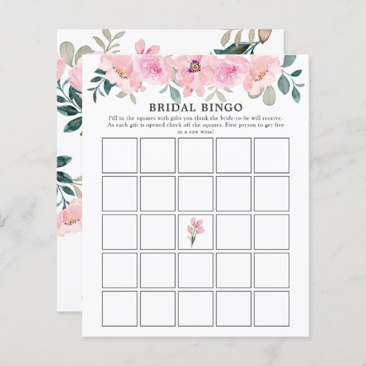 ピンクの花模様緑のブライダルシャワービンゴゲーム (正面/裏面)