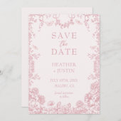 ピンクの花模様 ダスティーブルー 結婚式 Save The Date カード (正面/裏面)