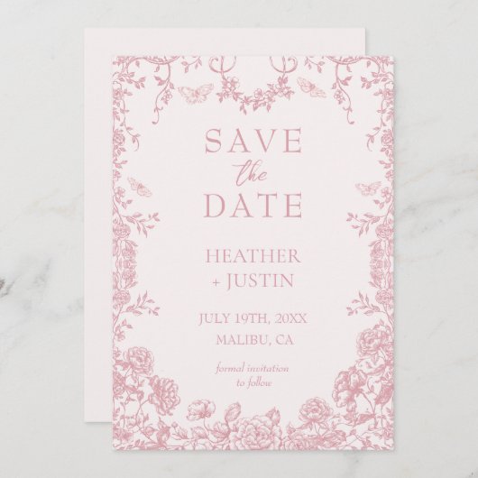 ピンクの花模様 ダスティーブルー 結婚式 Save The Date カード (正面/裏面)