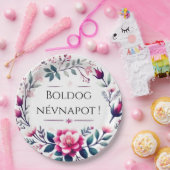 ピンクの花模様 – ハンガリー語の名前の日紙プレート ペーパープレート (パーティー)