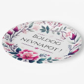 ピンクの花模様 – ハンガリー語の名前の日紙プレート ペーパープレート (アングル)