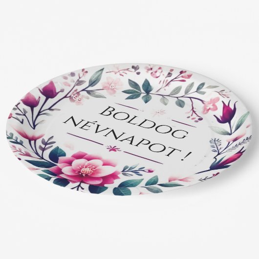 ピンクの花模様 – ハンガリー語の名前の日紙プレート ペーパープレート (アングル)