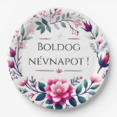 ピンクの花模様 – ハンガリー語の名前の日紙プレート ペーパープレート (正面)