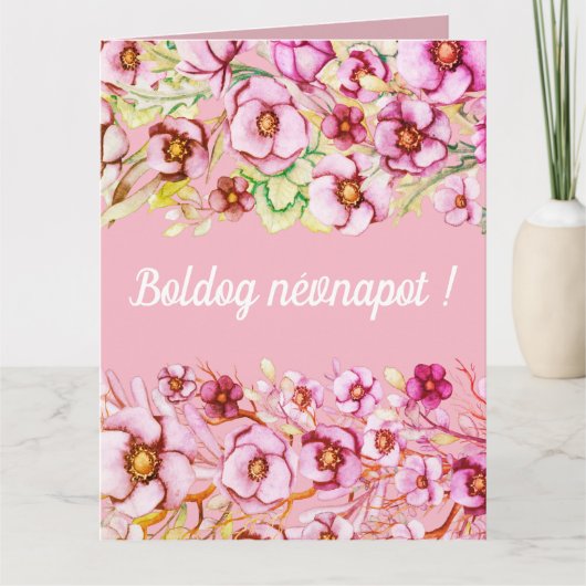 ピンクの花模様 – ハンガリー語の名前の日 カード (正面)