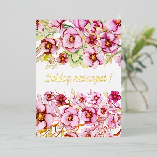 ピンクの花模様 – ハンガリー語の名前の日 箔シーズンカード (立ち正面)