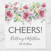 ピンクの花水彩フローラ結婚式の引き出物 ワインラベル (シングルラベル)