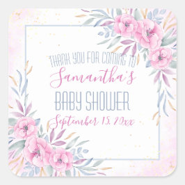 ピンクの花水彩赤ちゃんシャワーありがとう スクエアシール