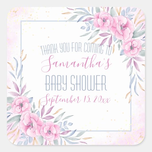 ピンクの花水彩赤ちゃんシャワーありがとう スクエアシール (正面)