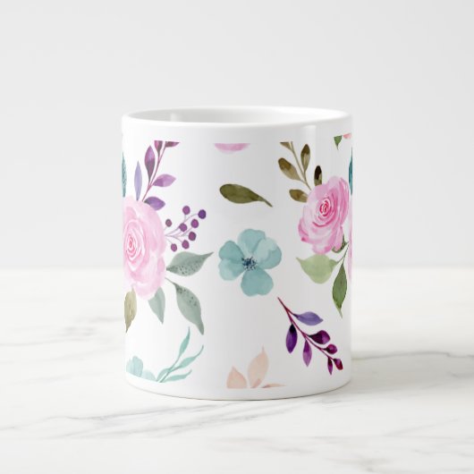 ピンクの花水色シームレス ジャンボコーヒーマグカップ (正面)