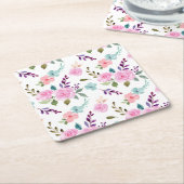 ピンクの花水色シームレス スクエアペーパーコースター (アングル)