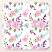ピンクの花水色シームレス スクエアペーパーコースター (正面)