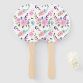 ピンクの花水色シームレス ハンドファン (正面&裏面)