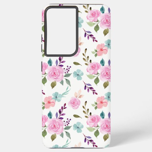 ピンクの花水色シームレス SAMSUNG GALAXYケース (裏面)