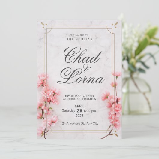 ピンクの花水色結婚式招待状カード 招待状 (スタンド正面)
