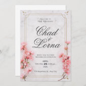 ピンクの花水色結婚式招待状カード 招待状 (正面/裏面)