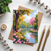 ピンクの花河畔の庭園 水彩画 ポストカード