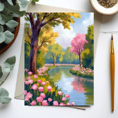 ピンクの花河畔の庭園 水彩画 ポストカード