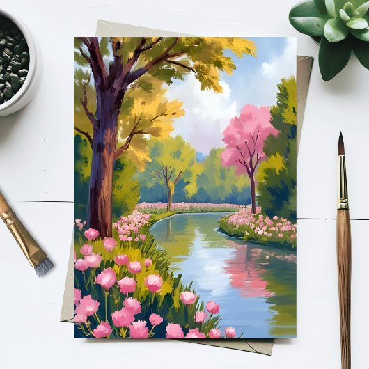 ピンクの花河畔の庭園 水彩画 ポストカード
