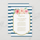 ピンクの花海軍ストライプな結婚式の方向挿入物 エンクロージャーカード (正面/裏面)