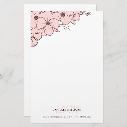 ピンクの花淡い色の名モノグラムWebサイト 便箋 (正面/裏面)