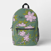 ピンクの花淡緑色の離れ茎と名前 プリントバックパック (正面)