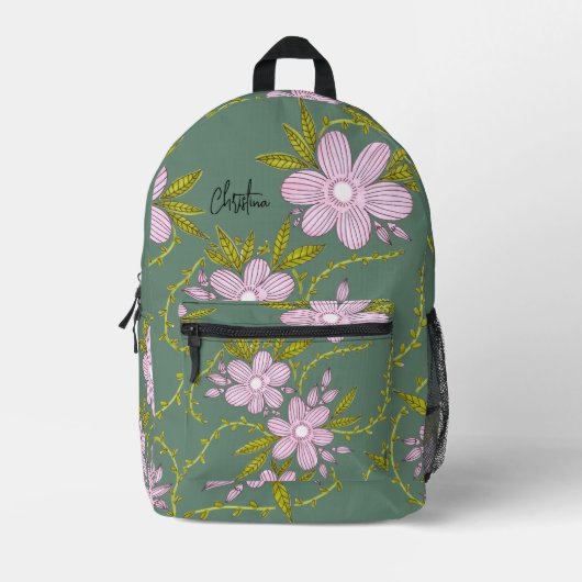 ピンクの花淡緑色の離れ茎と名前 プリントバックパック (正面)
