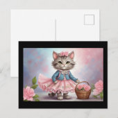 ピンクの花猫ドレスを着て花籠を飾る ポストカード (正面/裏面)