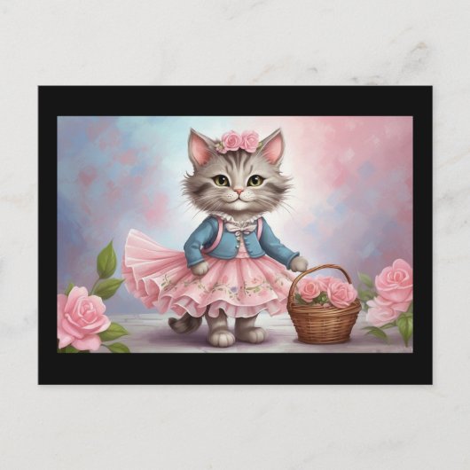 ピンクの花猫ドレスを着て花籠を飾る ポストカード (正面)