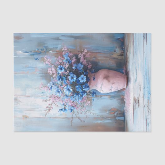 ピンクの花瓶の青い花みすぼらしいデコページ 薄葉紙 (正面)