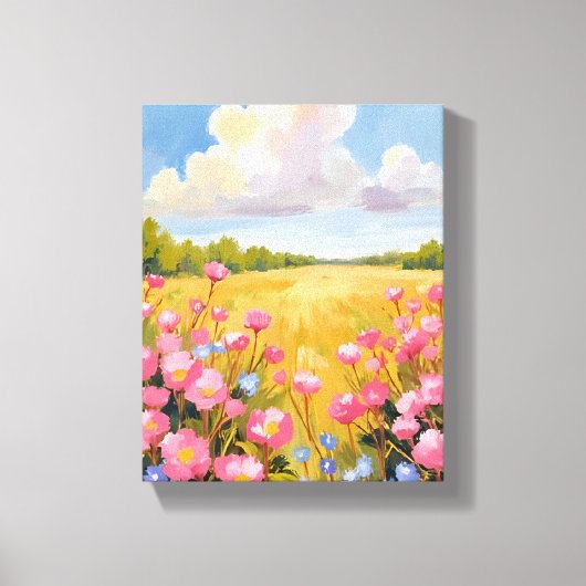ピンクの花畑の風景画 キャンバスプリント (正面)