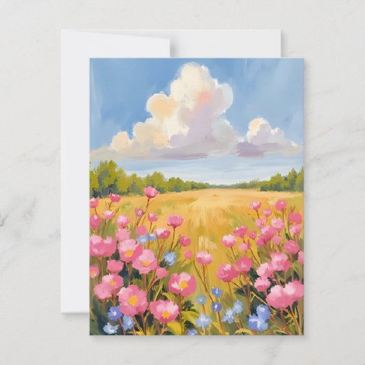 ピンクの花畑の風景画 サンキューカード (正面)