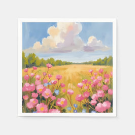 ピンクの花畑の風景画 スタンダードカクテルナプキン