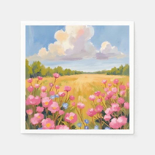 ピンクの花畑の風景画 スタンダードカクテルナプキン (正面)