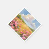 ピンクの花畑の風景画 スタンダードカクテルナプキン (角)