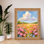 ピンクの花畑の風景画 ポスター