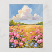 ピンクの花畑の風景画 ポストカード (正面)