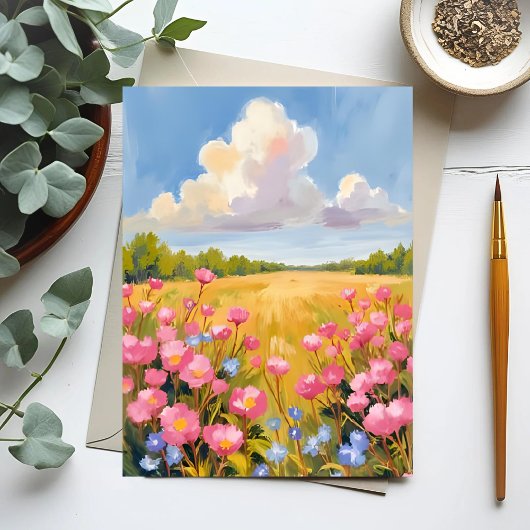 ピンクの花畑の風景画 ポストカード
