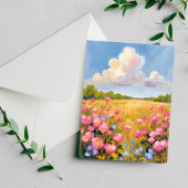 ピンクの花畑の風景画 ポストカード